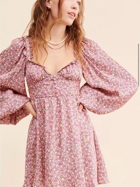 For Love & Lemons Laurie Floral Puff-Sleeve Mini Dress size medium